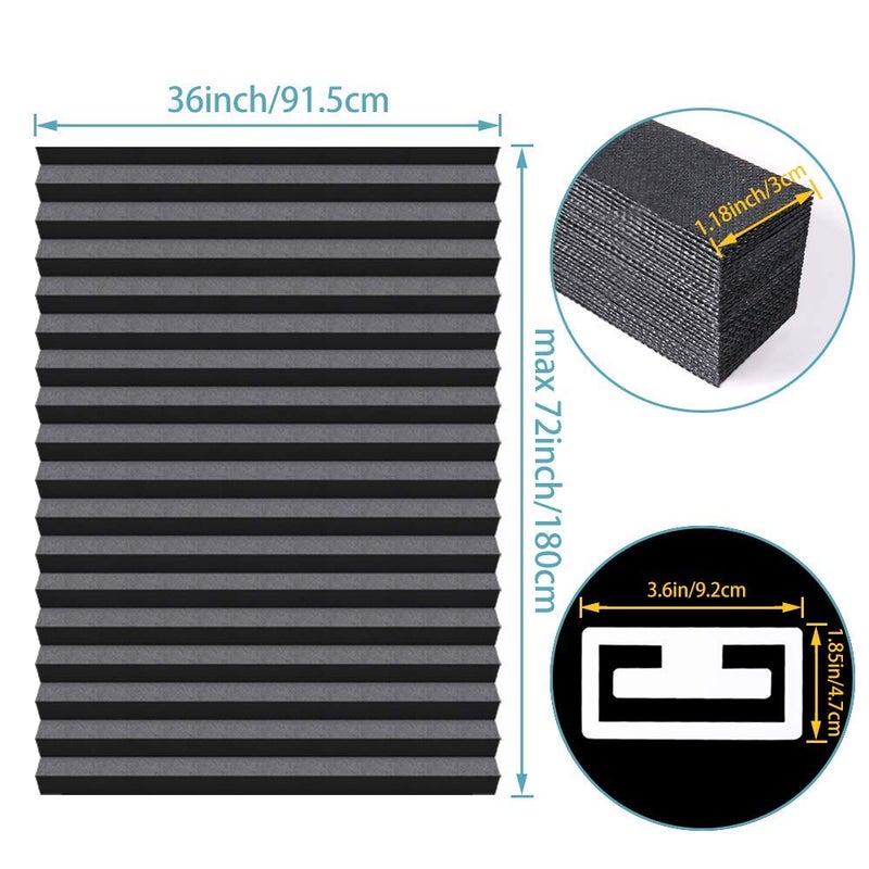 SEEYE Light Filtering Temporary Blinds Cordless Shades Fabric Pleated Fabric Shade Easy to Cut and Install, 36" W x 72" L - 2 Pack, Black, with 4 Clips - Image 2